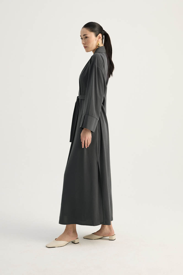 Nervür Detaylı Abaya Takım Füme - 11