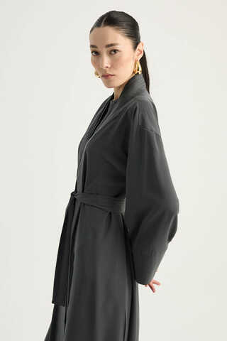 Nervür Detaylı Abaya Takım Füme - 12