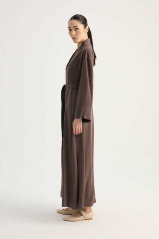 Nervür Detaylı Abaya Takım Kahverengi - 2