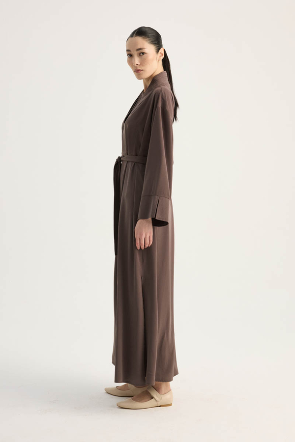 Nervür Detaylı Abaya Takım Kahverengi - 2