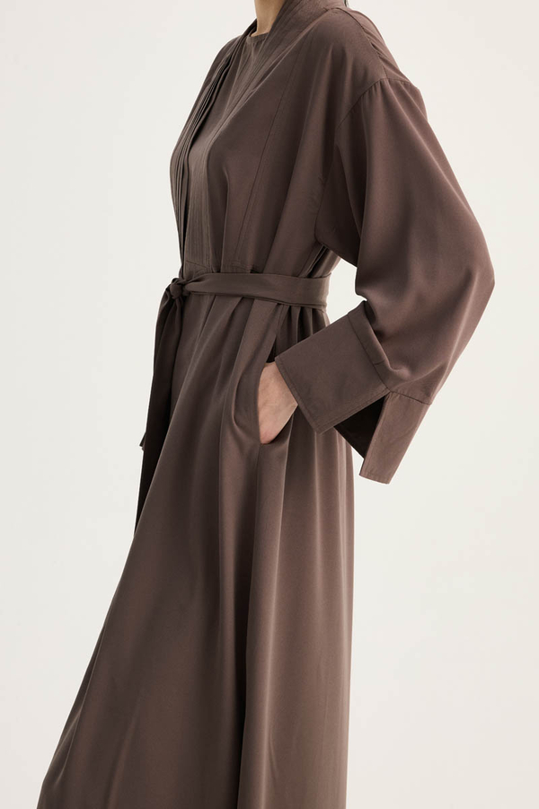 Nervür Detaylı Abaya Takım Kahverengi - 3