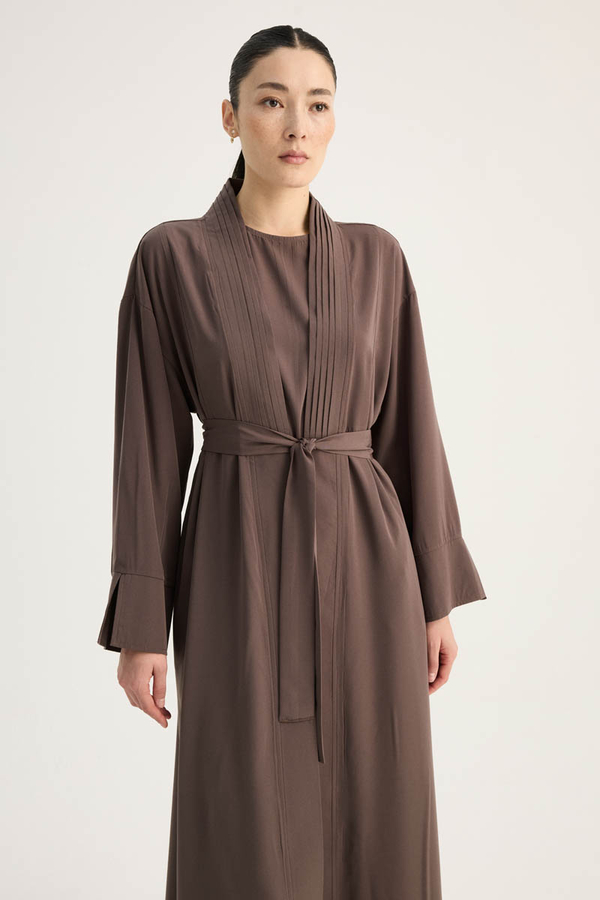 Nervür Detaylı Abaya Takım Kahverengi - 5