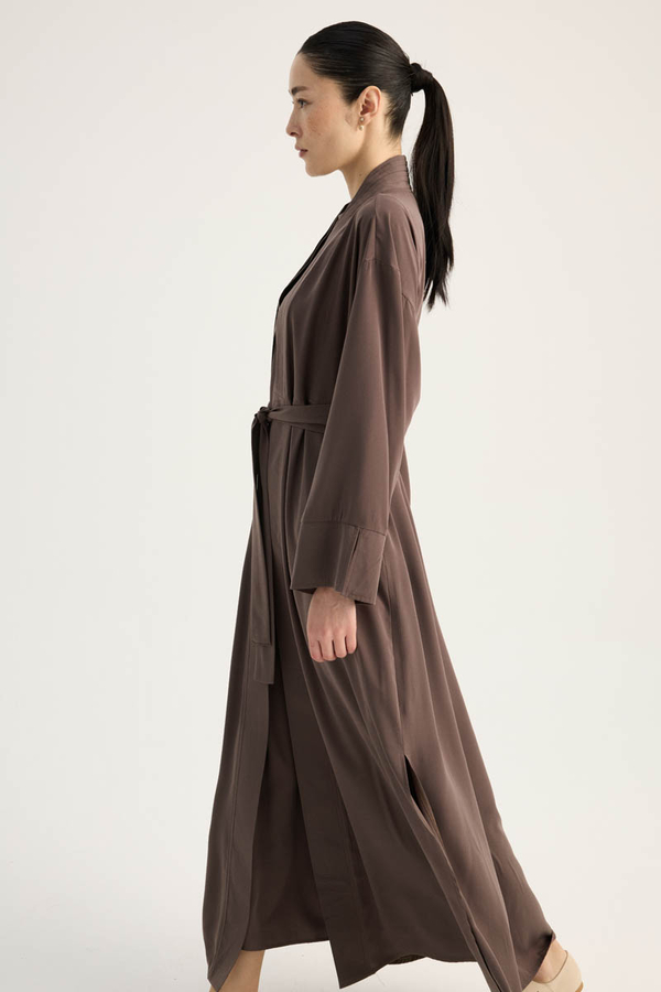 Nervür Detaylı Abaya Takım Kahverengi - 4