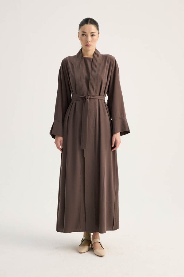 Nervür Detaylı Abaya Takım Kahverengi - 8