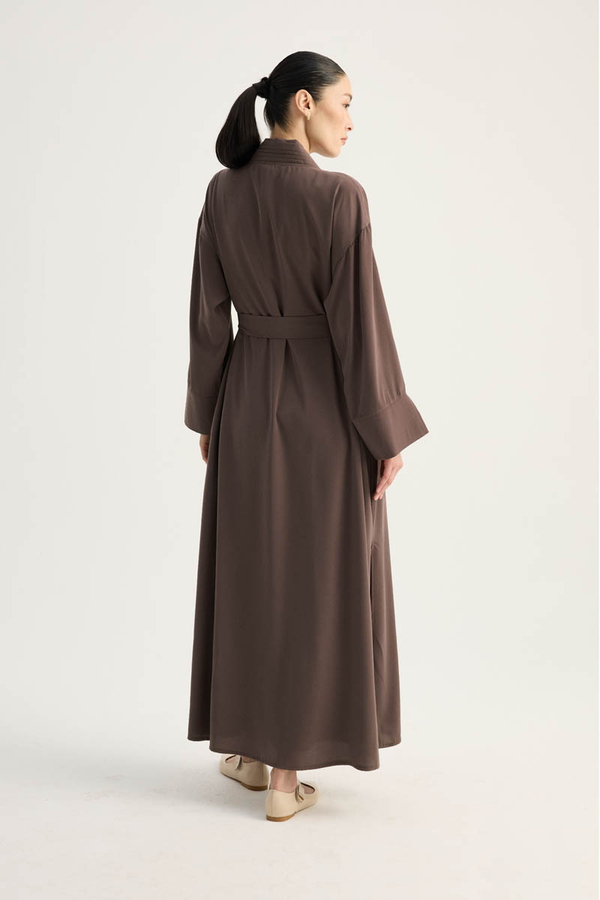 Nervür Detaylı Abaya Takım Kahverengi - 13