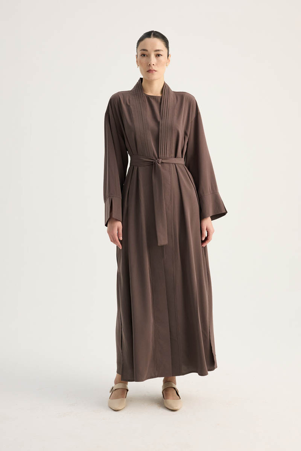 Nervür Detaylı Abaya Takım Kahverengi - 1