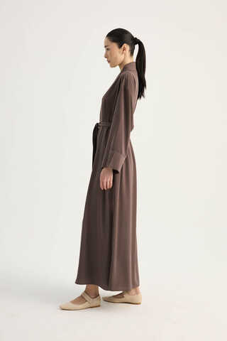 Nervür Detaylı Abaya Takım Kahverengi - 11
