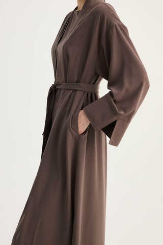 Nervür Detaylı Abaya Takım Kahverengi - 3