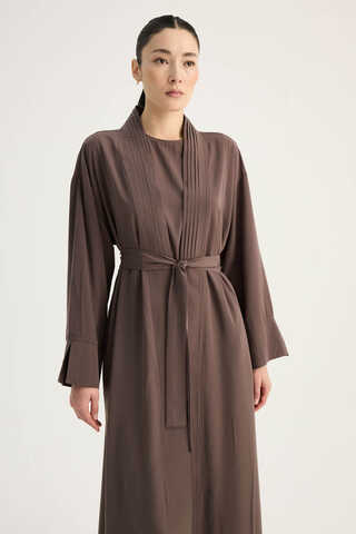 Nervür Detaylı Abaya Takım Kahverengi - 5