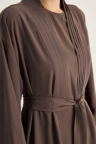 Nervür Detaylı Abaya Takım Kahverengi - 6