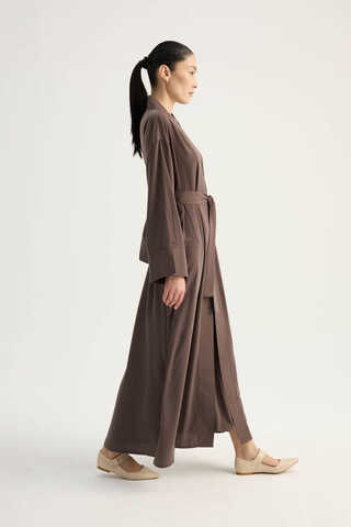 Nervür Detaylı Abaya Takım Kahverengi - 7