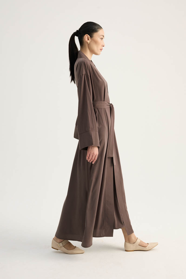 Nervür Detaylı Abaya Takım Kahverengi - 7