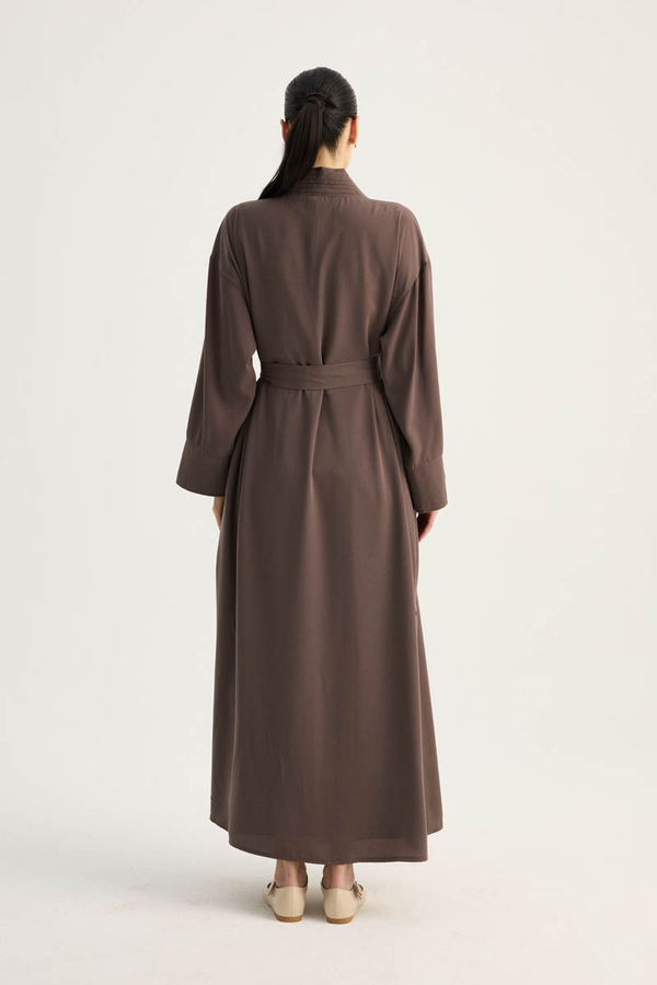 Nervür Detaylı Abaya Takım Kahverengi - 12