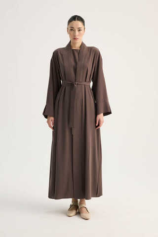 Nervür Detaylı Abaya Takım Kahverengi - 8