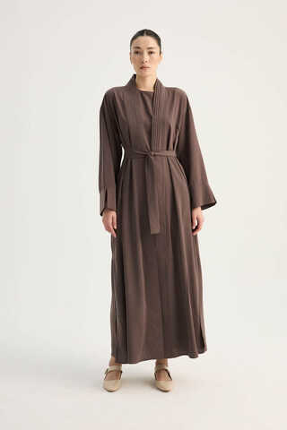 Nervür Detaylı Abaya Takım Kahverengi - 1