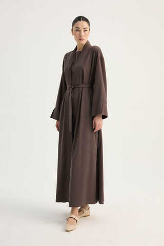Nervür Detaylı Abaya Takım Kahverengi - 10