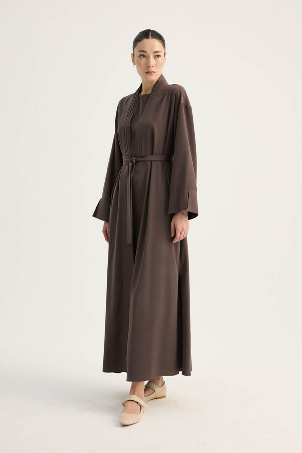 Nervür Detaylı Abaya Takım Kahverengi - 10