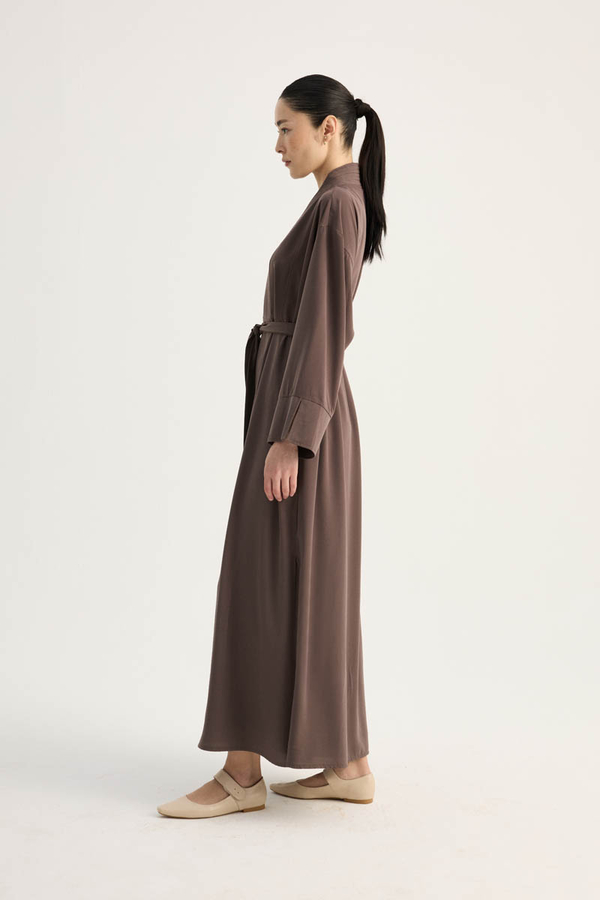 Nervür Detaylı Abaya Takım Kahverengi - 11