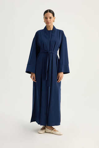 Nervür Detaylı Abaya Takım Lacivert - 4