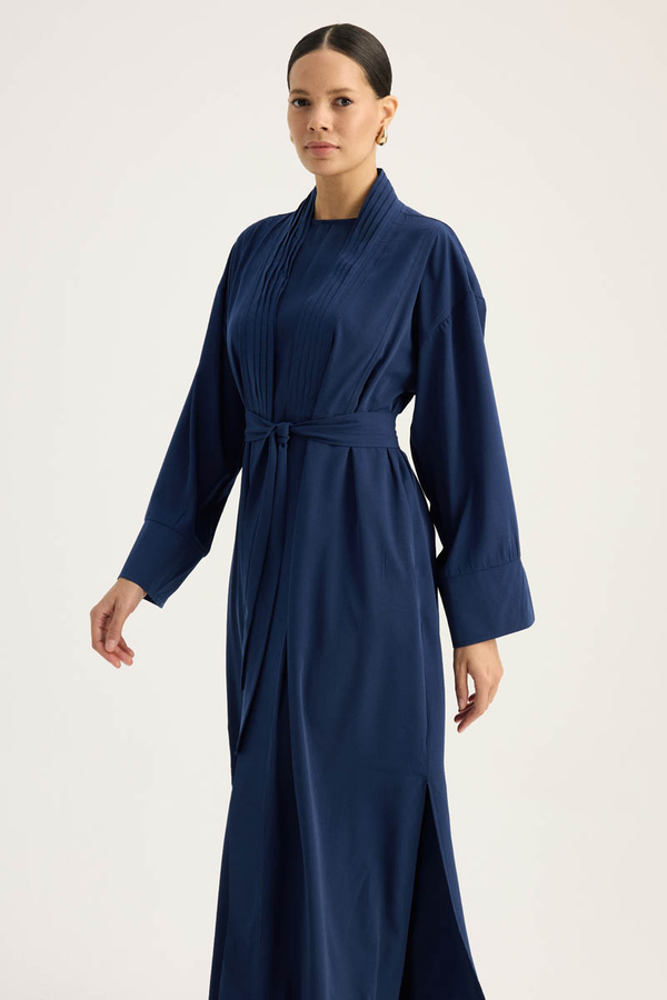 Nervür Detaylı Abaya Takım Lacivert - 7
