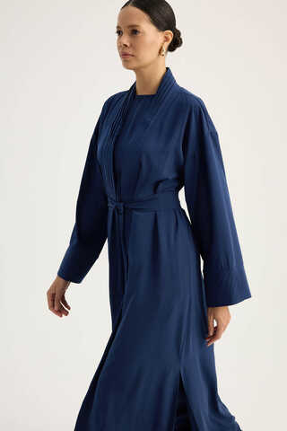 Nervür Detaylı Abaya Takım Lacivert - 1