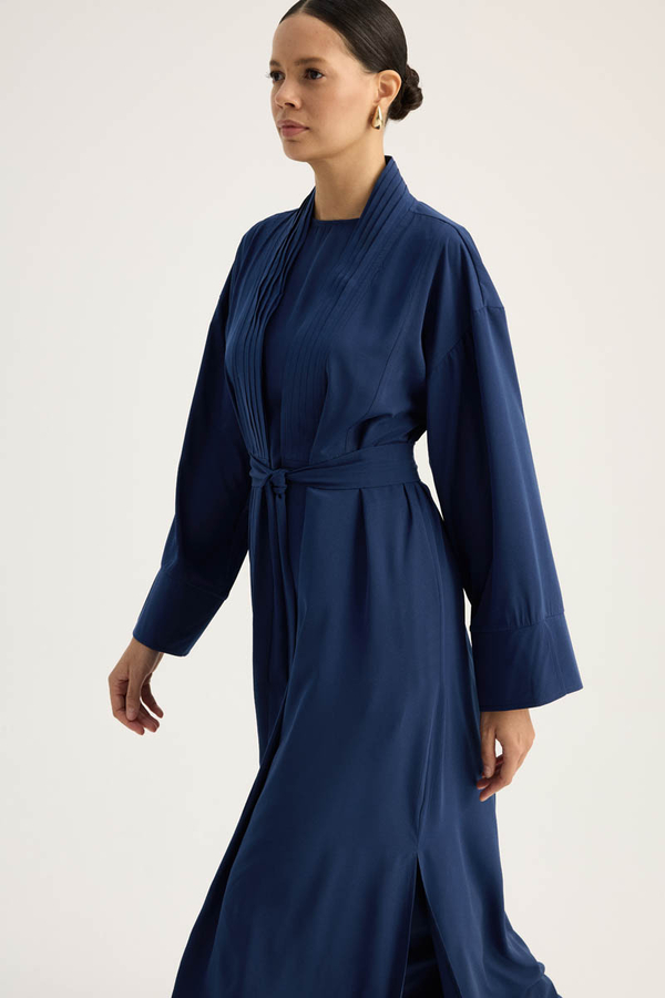 Nervür Detaylı Abaya Takım Lacivert - 1