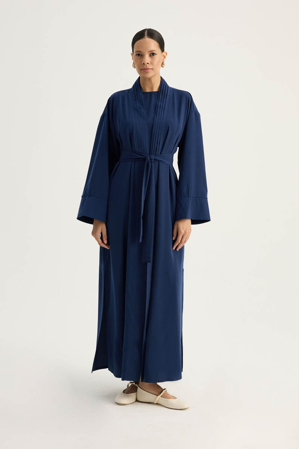 Nervür Detaylı Abaya Takım Lacivert - 4