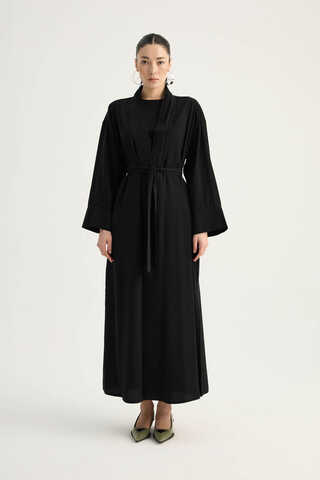 Nervür Detaylı Abaya Takım Siyah - 4