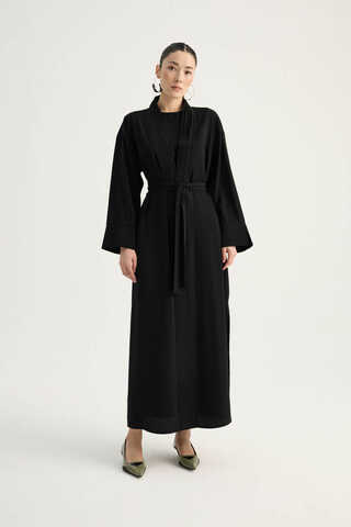 Nervür Detaylı Abaya Takım Siyah - 5