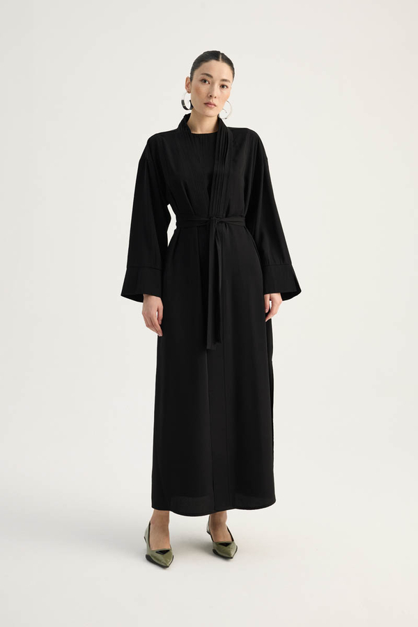 Nervür Detaylı Abaya Takım Siyah - 5