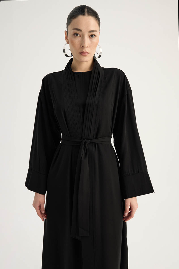 Nervür Detaylı Abaya Takım Siyah - 11