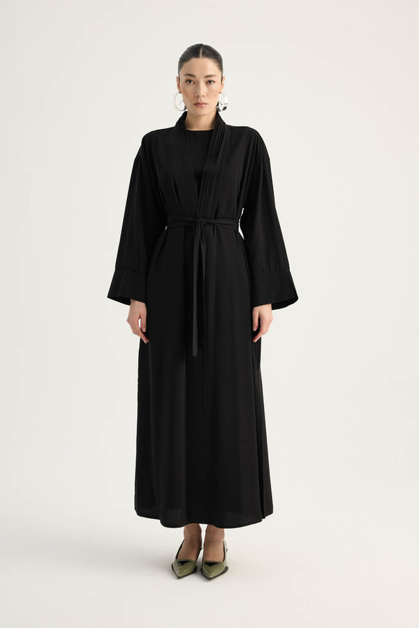 Nervür Detaylı Abaya Takım Siyah - 4