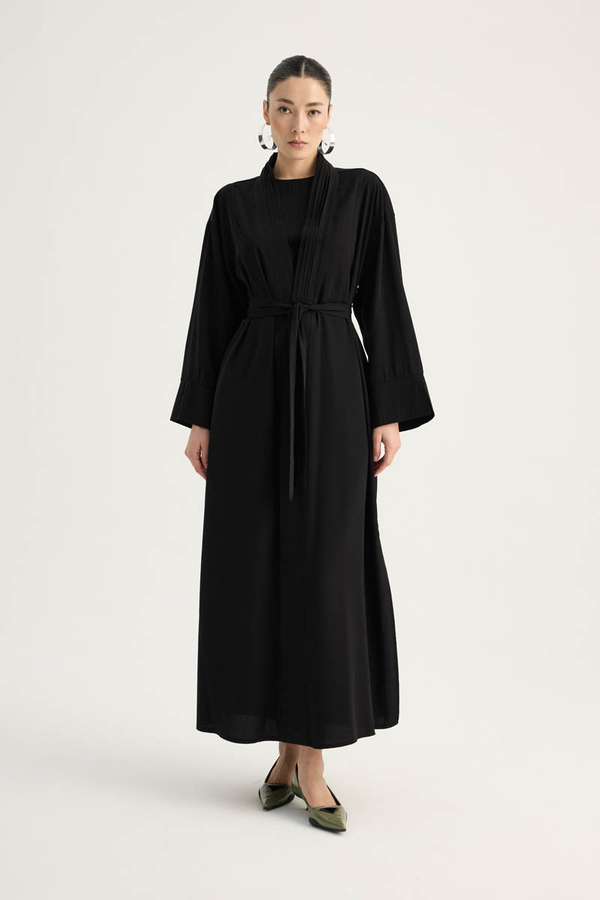 Nervür Detaylı Abaya Takım Siyah - 1