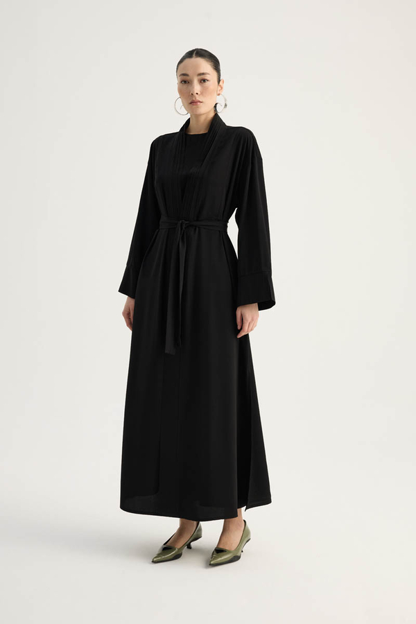 Nervür Detaylı Abaya Takım Siyah - 7