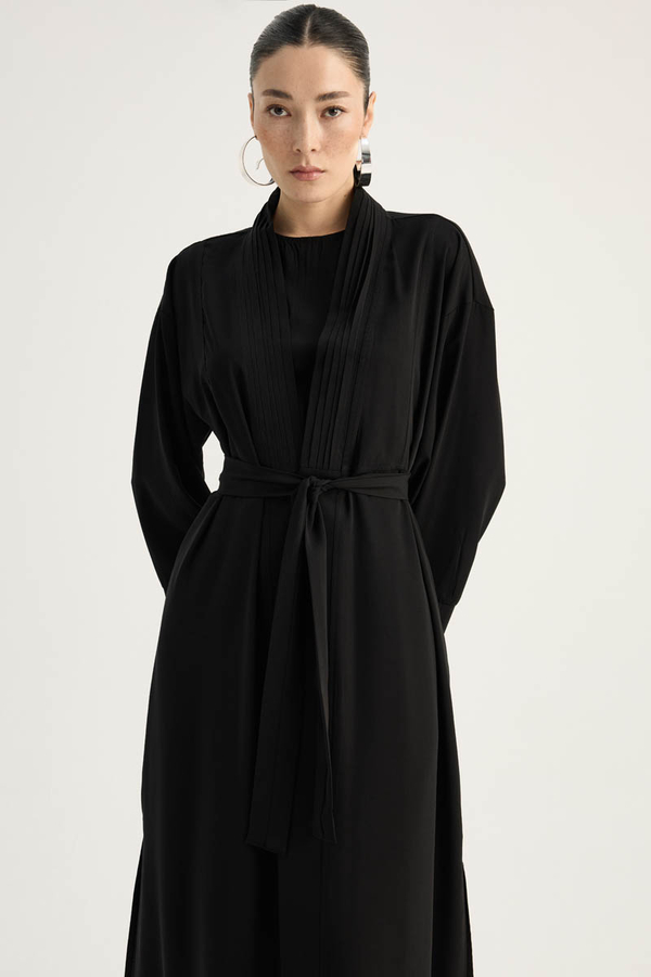Nervür Detaylı Abaya Takım Siyah - 3