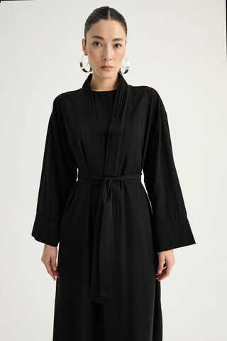 Nervür Detaylı Abaya Takım Siyah - 11