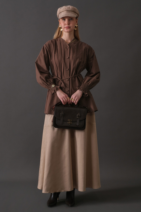 Nervür Detaylı Pamuk Gömlek Kahverengi - 12