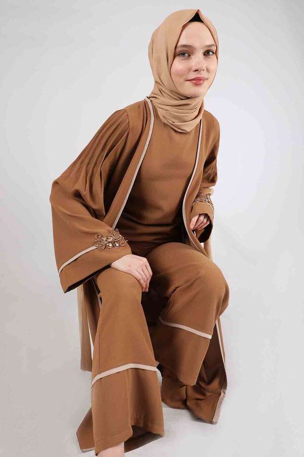 Nervürlü Abaya Takım Taba - 4
