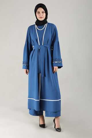 Nervürlü Abaya Takım İndigo - 1