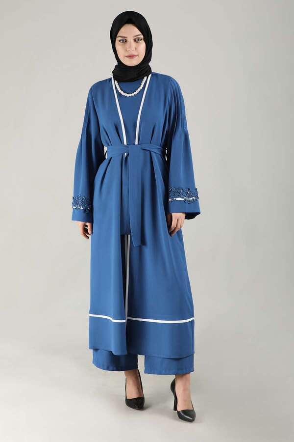 Nervürlü Abaya Takım İndigo - 1