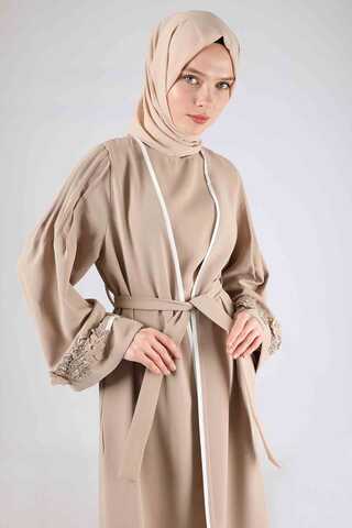 Nervürlü Abaya Takım Krem - 4