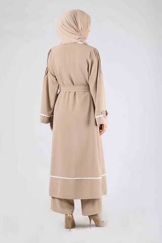 Nervürlü Abaya Takım Krem - 5