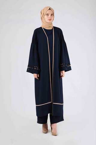 Nervürlü Abaya Takım Lacivert - 3