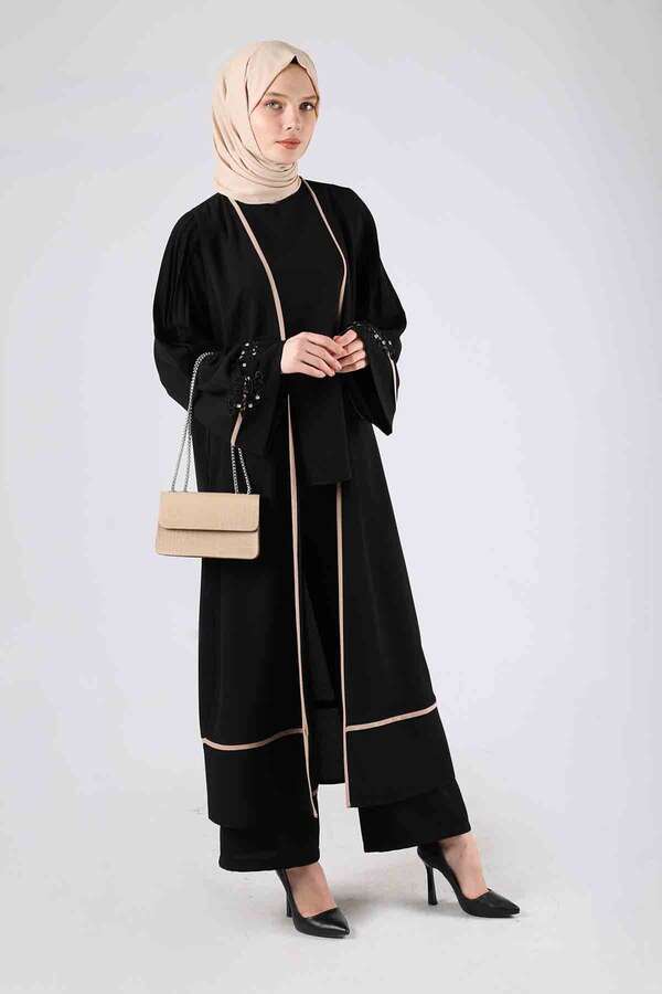 Nervürlü Abaya Takım Siyah - 1