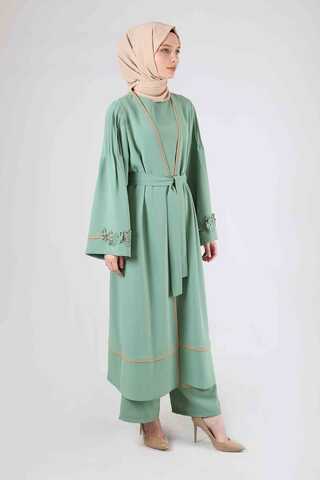 Nervürlü Abaya Takım Su Yeşili - 3