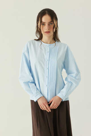 Nervürlü Düşük Kol Gömlek Bebe Mavisi - 1