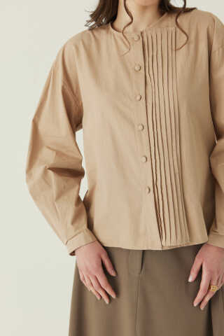 Nervürlü Düşük Kol Gömlek Bej - 2