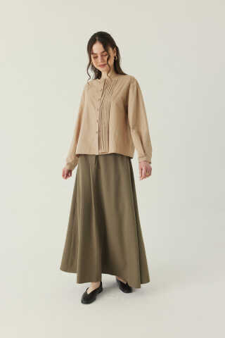 Nervürlü Düşük Kol Gömlek Bej - 5