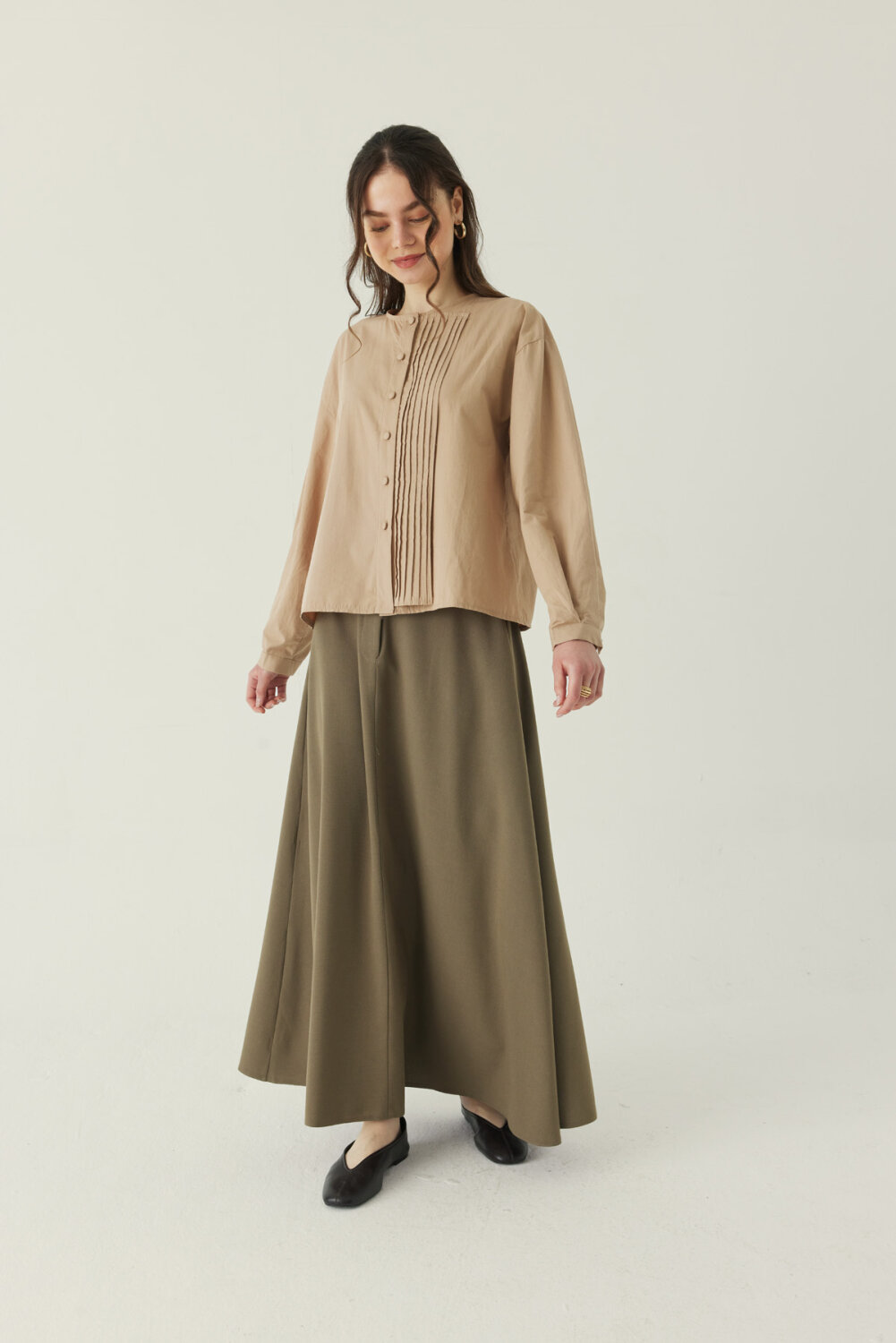 Nervürlü Düşük Kol Gömlek Bej - 5