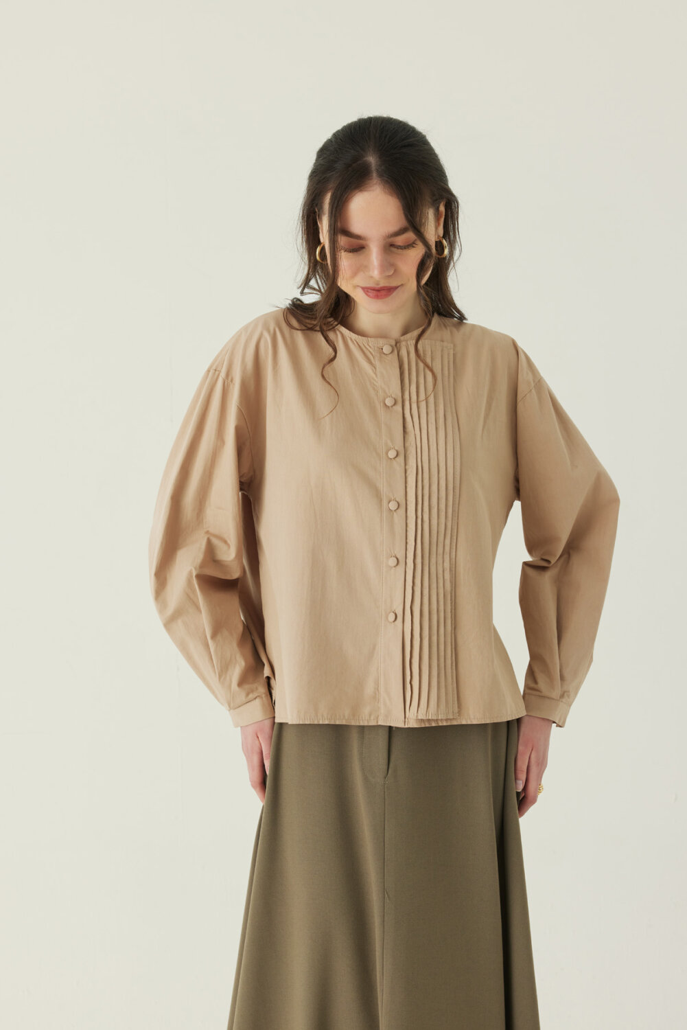 Nervürlü Düşük Kol Gömlek Bej 